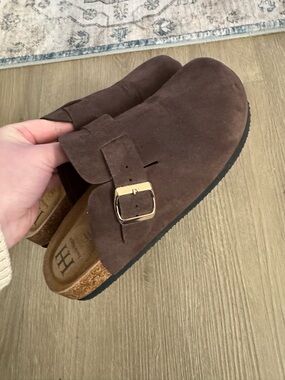 Brown Suede Buckle Clog Mule